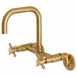 Promo 👏 Kingston Brass 8" Adjustable Center Wall Mount Kitchen Faucet, Brushed Brass 🛒