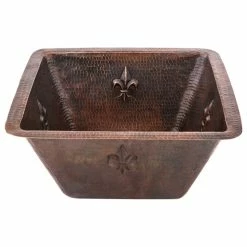 Best Pirce ⭐ Premier Copper Products 15" Square Fleur De Lis Copper Bar/Prep Sink With 2" Drain Size, 3.5" ⌛