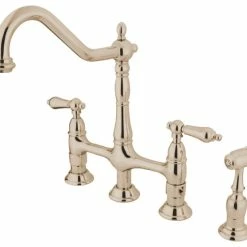 Hot Sale 🎉 Kingston Brass KS1276ALBS Heritage 8 In. Bridge Kitchen Faucet,Brass Sprayer, Polished Nickel 🌟