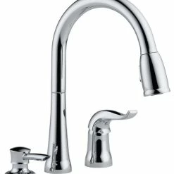 Discount ✔️ Delta Faucet Delta Kate Single Handle Pull-Down Kitchen Faucet With Soap Dispenser, Chrome 🔔